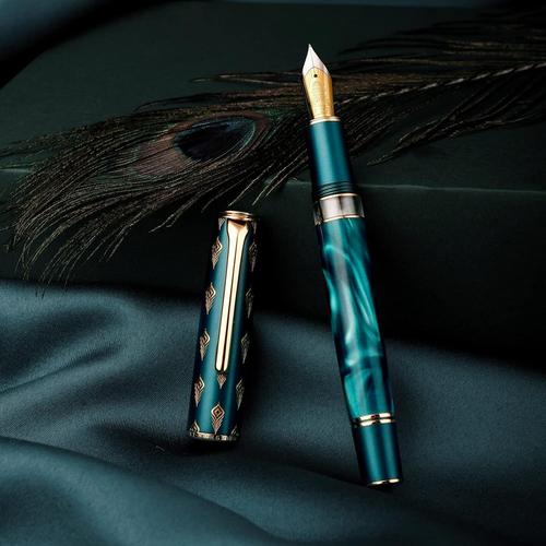 Hongdian N7 Stylo Plume En Résine Bleu Paon À Piston, Pointe Extra Fine, Stylo Classique D'écriture Lisse Avec Boîte En Métal