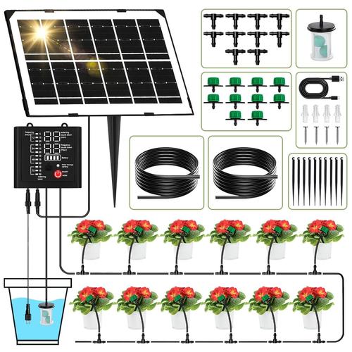 Kit Arrosage Automatique Solaire pour Jardin, Arrosage Automatique Goutte a Goutte,12 Modes de Minuterie +10 M de Tuyau pour Jardin, Plantes de Balcon, Légumes (10M)