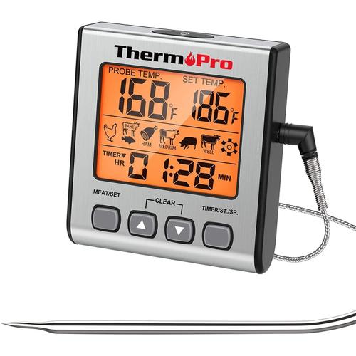 TP16S Thermomètre à Viande numérique précis pour fumoir, Cuisson, Barbecue, avec Mode minuterie et rétroéclairage