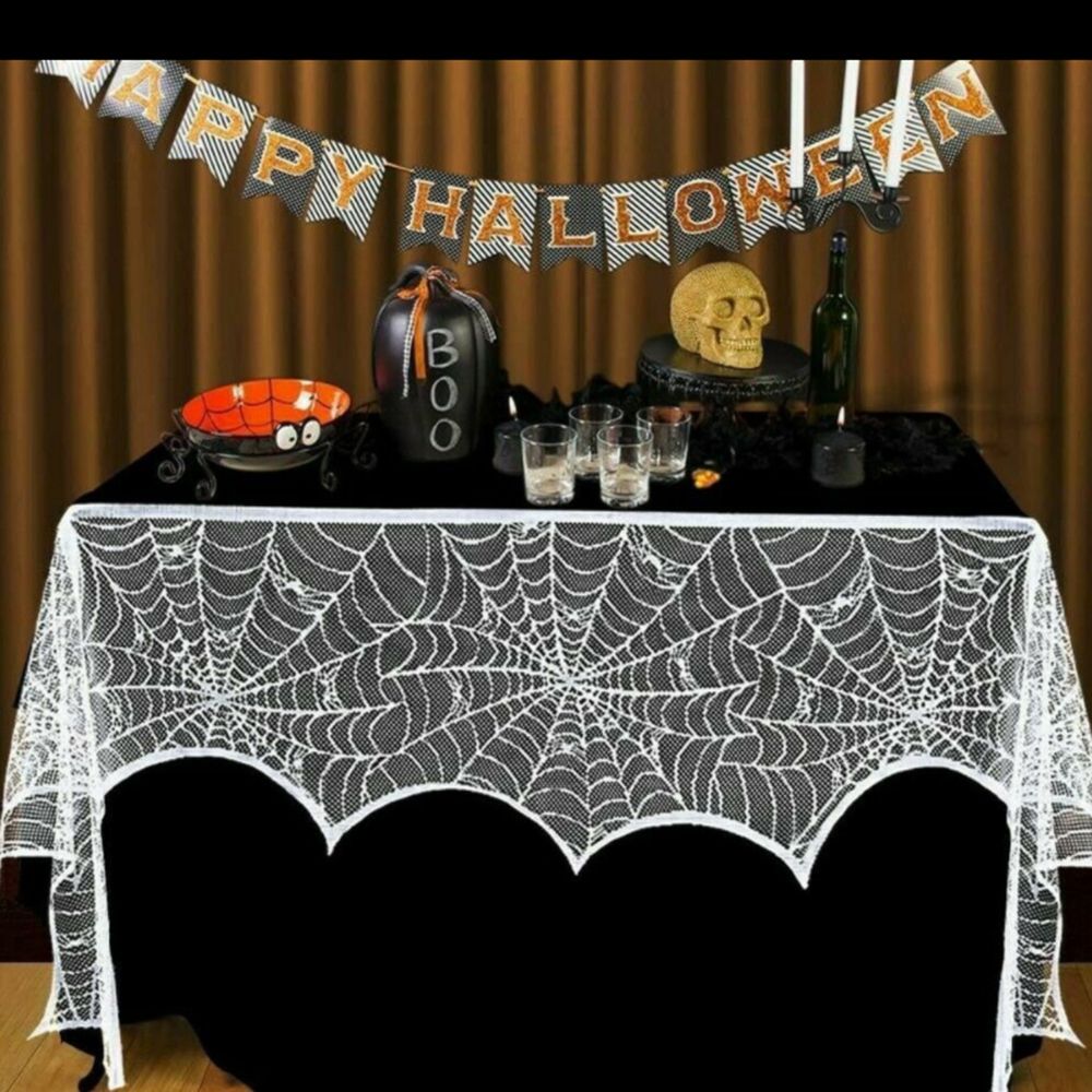 Couverture de cheminée en toile d'araignée en dentelle noire et blanche, écharpe de manteau, décoration de fête d'halloween, nappe, rideau, accessoires d'horreur, fournitures