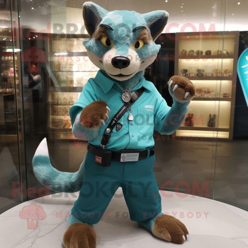 Personnage De Costume De Mascotte Redbrokoly Turquoise Thylacosmilus Habillé D'une Chemise Oxford Et De Montres Numériques