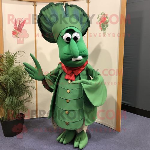 Personnage De Costume De Mascotte Redbrokoly De Bisque De Homard Vert Forêt Habillé D'une Jupe Portefeuille Et D'épinglettes