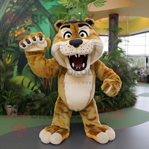 Personnage De Costume De Mascotte Redbrokoly De Tigre À Dents De Sabre Olive Habillé D'une Barboteuse Et De Pinces À Chaussures
