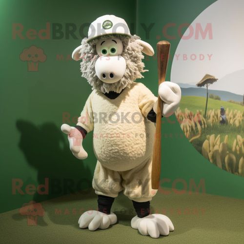 Personnage De Costume De Mascotte Redbrokoly Olive Suffolk Sheep Habillé D'un Tee-Shirt De Baseball Et D'anneaux