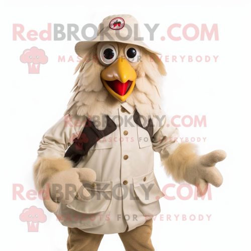 Mascotte Redbrokoly De Personnage Coqs Beiges Habillé D'une Salopette Et De Mitaines