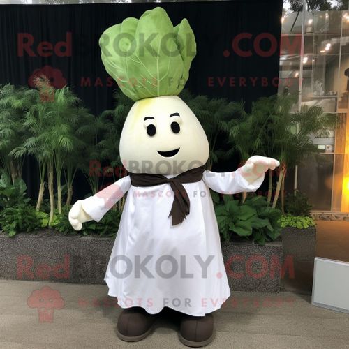Personnage De Costume De Mascotte Redbrokoly De Navet Blanc Habillé D'une Chemise De Ville Et De Lacets De Chaussures