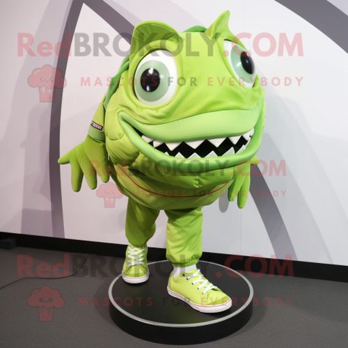 Personnage De Costume De Mascotte Redbrokoly De Piranha Vert Citron Vêtu D'un Col Roulé Et De Lacets De Chaussures