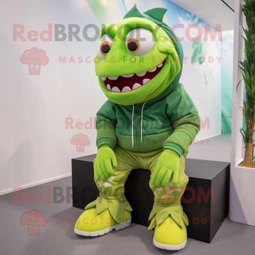 Personnage De Costume De Mascotte Redbrokoly De Piranha Vert Citron Vêtu D'un Col Roulé Et De Lacets De Chaussures