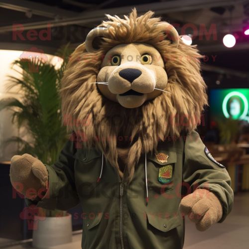 Personnage De Costume De Mascotte Redbrokoly Lion Olive Habillé D'un Blouson Aviateur Et De Châles