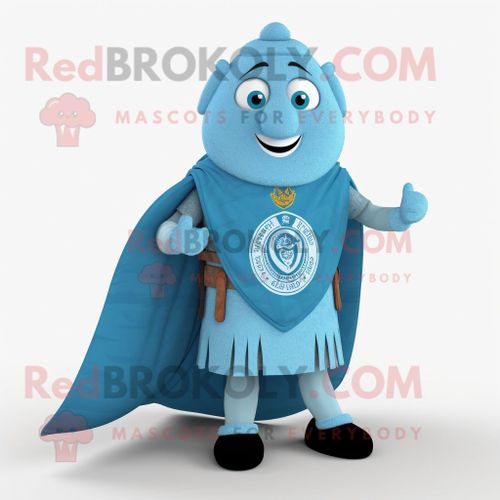 Personnage De Costume De Mascotte Redbrokoly De Bouclier Celtique Bleu Ciel Habillé D'une Chemise Henley Et D'écharpes