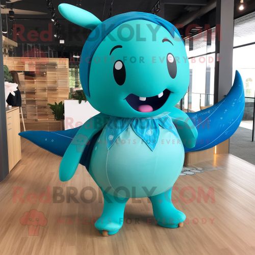 Mascotte Redbrokoly De Personnage De Baleine Turquoise Habillée D'un Bikini Et De Pinces À Cheveux