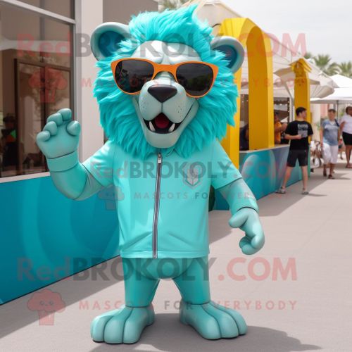 Personnage De Costume De Mascotte Redbrokoly Turquoise Tamer Lion Habillé Avec Une Barboteuse Et Des Lunettes De Soleil