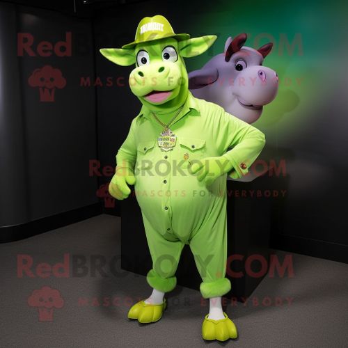 Personnage De Costume De Mascotte Redbrokoly De Zébu Vert Citron Vêtu D'une Chemise Henley Et D'épingles À Chapeau