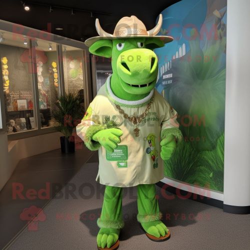 Personnage De Costume De Mascotte Redbrokoly De Zébu Vert Citron Vêtu D'une Chemise Henley Et D'épingles À Chapeau