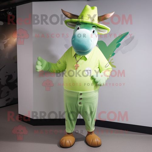 Personnage De Costume De Mascotte Redbrokoly De Zébu Vert Citron Vêtu D'une Chemise Henley Et D'épingles À Chapeau