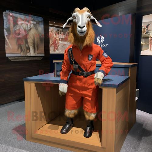 Personnage De Costume De Mascotte Redbrokoly Rust Boer Goat Habillé D'un Rash Guard Et De Carrés De Poche