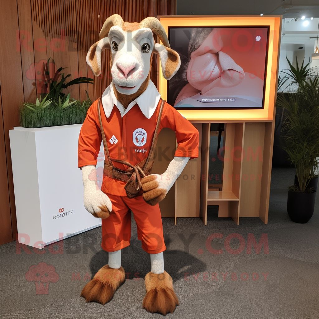 Personnage De Costume De Mascotte Redbrokoly Rust Boer Goat Habillé D'un Rash Guard Et De Carrés De Poche