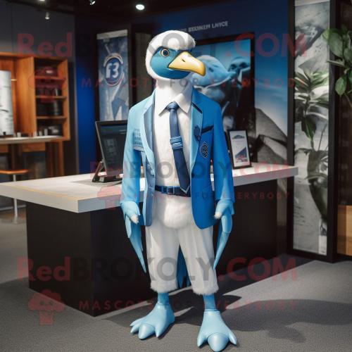 Personnage De Costume De Mascotte Redbrokoly D'albatros Bleu Habillé D'un Blazer Et De Broches