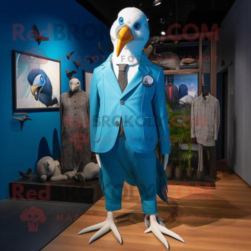 Personnage De Costume De Mascotte Redbrokoly D'albatros Bleu Habillé D'un Blazer Et De Broches