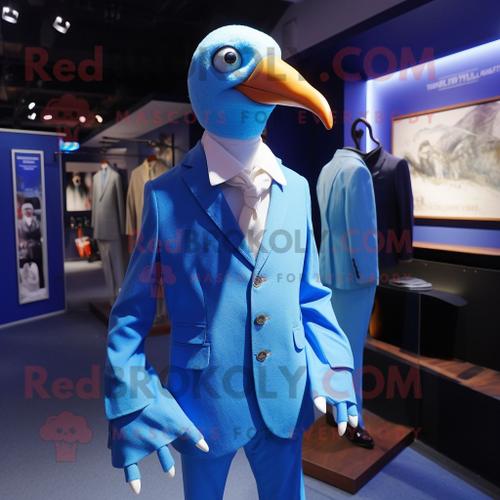 Personnage De Costume De Mascotte Redbrokoly D'albatros Bleu Habillé D'un Blazer Et De Broches