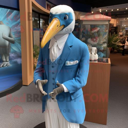 Personnage De Costume De Mascotte Redbrokoly D'albatros Bleu Habillé D'un Blazer Et De Broches