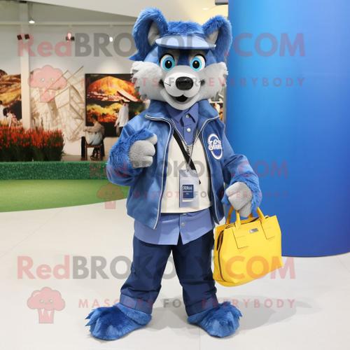 Personnage De Costume De Mascotte Redbrokoly Blue Say Wolf Habillé D'une Veste Et De Sacs À Main