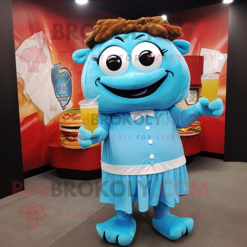 Personnage De Costume De Mascotte Redbrokoly De Sandwich Au Porc Effiloché Bleu Ciel Habillé D'une Robe De Cocktail Et De Sacs De Messager