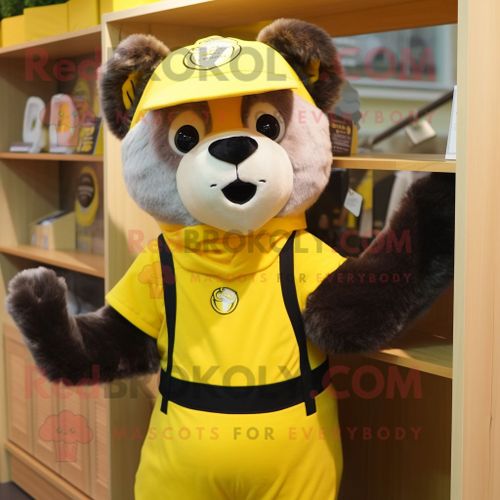 Personnage De Costume De Mascotte Redbrokoly D'ours À Lunettes Jaune Citron Habillé D'un Débardeur Et De Bonnets