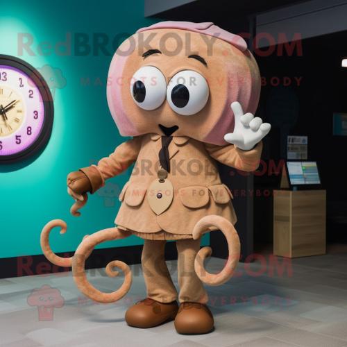 Personnage De Costume De Mascotte Redbrokoly Octopus Tan Vêtu D'une Robe Trapèze Et De Montres Numériques