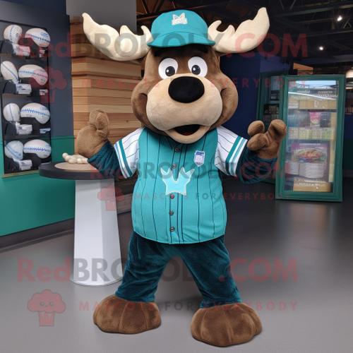 Personnage De Costume De Mascotte Redbrokoly Teal Moose Habillé Avec Un T-Shirt De Baseball Et Des Sacs À Dos