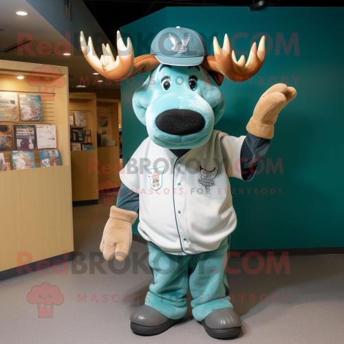 Personnage De Costume De Mascotte Redbrokoly Teal Moose Habillé Avec Un T-Shirt De Baseball Et Des Sacs À Dos