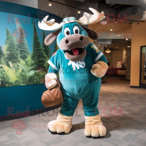 Personnage De Costume De Mascotte Redbrokoly Teal Moose Habillé Avec Un T-Shirt De Baseball Et Des Sacs À Dos