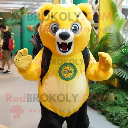 Personnage De Costume De Mascotte Redbrokoly D'ours À Lunettes Jaune Citron Habillé D'un Débardeur Et De Bonnets