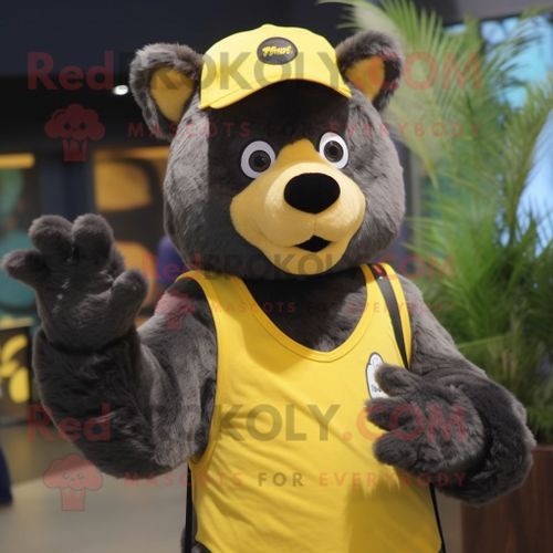 Personnage De Costume De Mascotte Redbrokoly D'ours À Lunettes Jaune Citron Habillé D'un Débardeur Et De Bonnets