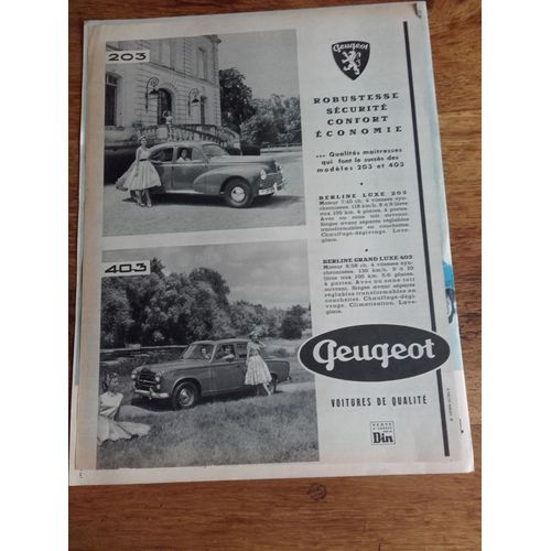 Publicité Années 1950/1960 Automobiles Peugeot Robustesse Sécurité Confort Economie