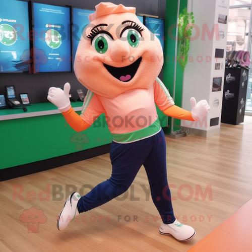 Personnage De Costume De Mascotte Redbrokoly Peach Irish Dancing Shoes Habillé Avec Un Pantalon De Yoga Et Des Clips D'écharpe