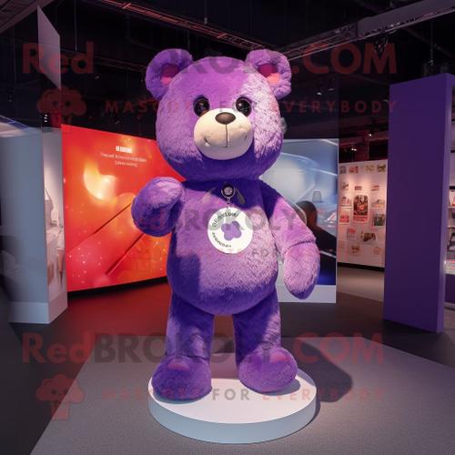 Personnage De Costume De Mascotte Redbrokoly D'ours En Peluche Violet Habillé D'un Jean Bootcut Et D'épinglettes