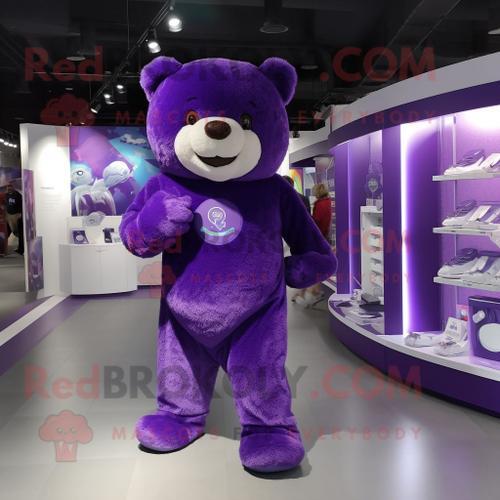 Personnage De Costume De Mascotte Redbrokoly D'ours En Peluche Violet Habillé D'un Jean Bootcut Et D'épinglettes