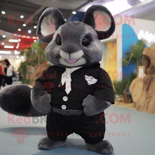 Mascotte Redbrokoly De Personnage De Chinchilla Noir Habillé D'un Gilet Et De Ceintures