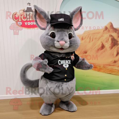 Mascotte Redbrokoly De Personnage De Chinchilla Noir Habillé D'un Gilet Et De Ceintures