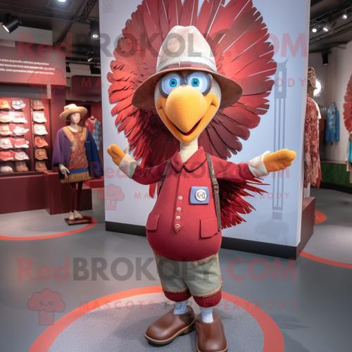 Personnage De Costume De Mascotte Redbrokoly De Dinde Marron Vêtu D'un Short En Jean Et De Bérets