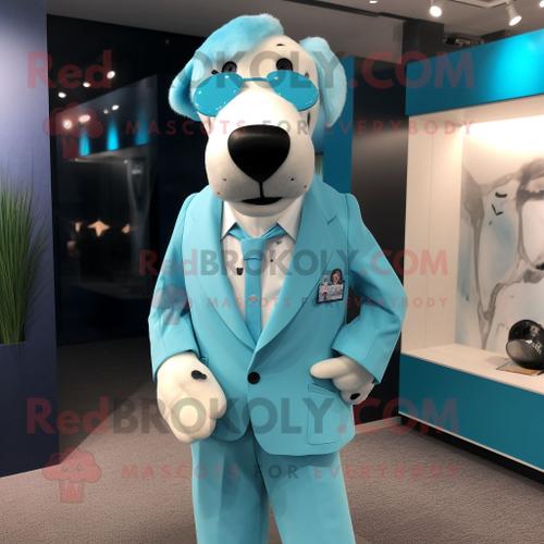 Mascotte Redbrokoly De Personnage De Chien Cyan Habillé D'un Blazer Et De Boucles D'oreilles