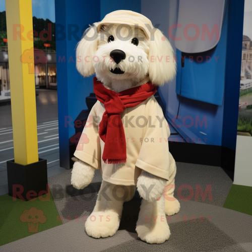 Personnage De Costume De Mascotte Redbrokoly De Chien Crème Habillé Avec Un Pantalon Chino Et Des Épingles À Châle