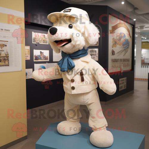 Personnage De Costume De Mascotte Redbrokoly De Chien Crème Habillé Avec Un Pantalon Chino Et Des Épingles À Châle