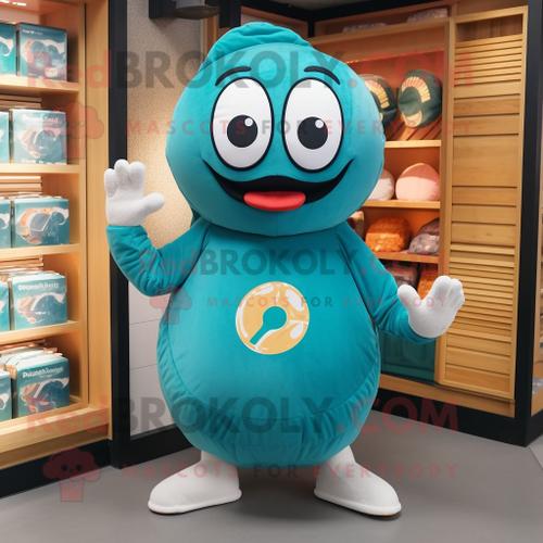 Personnage De Costume De Mascotte Redbrokoly Teal Bagels Habillé D'un Sweat-Shirt Et De Pochettes