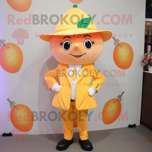 Personnage De Costume De Mascotte Redbrokoly Peach Lemon Habillé D'un Manteau Et De Pinces À Chaussures