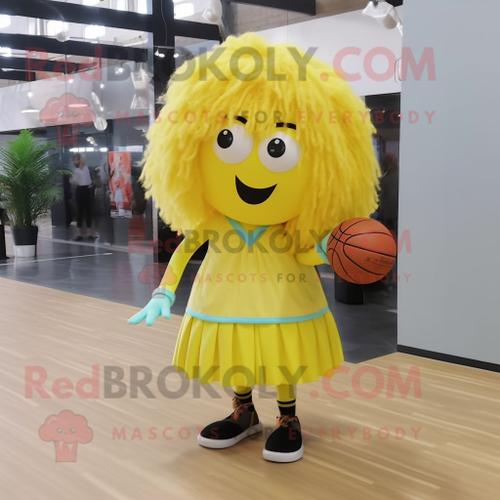 Personnage De Costume De Mascotte Redbrokoly De Ballon De Basket-Ball Jaune Citron Habillé D'une Chemise Habillée Et De Pinces À Cheveux