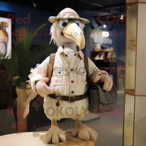 Personnage De Costume De Mascotte Redbrokoly Dodo Bird Beige Habillé D'une Chemise Boutonnée Et De Sacs À Dos