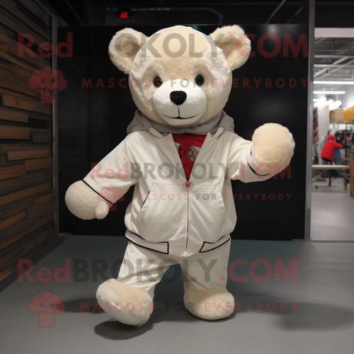 Personnage De Costume De Mascotte Redbrokoly De Nounours Crème Habillé D'un Sweat À Capuche Et De N?uds Papillon