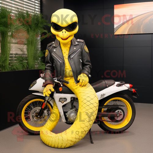 Personnage De Costume De Mascotte Redbrokoly De Python Jaune Citron Habillé D'une Veste De Motard Et De Porte-Clés